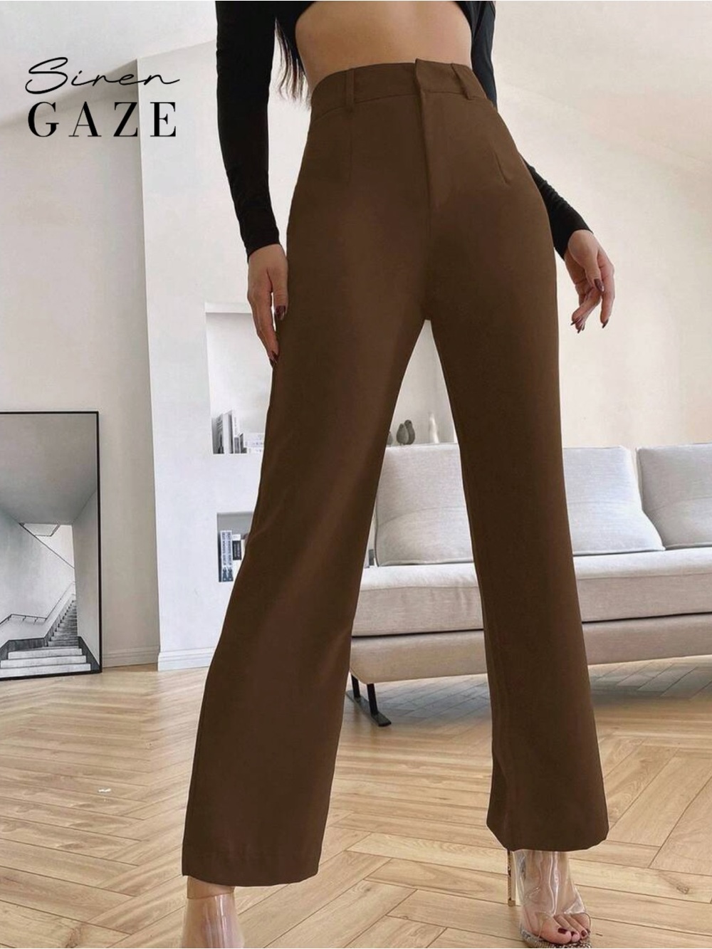 SHEIN Siren Gaze Solid High Rise Tailored Pants In Fall/Winter Brown Casual